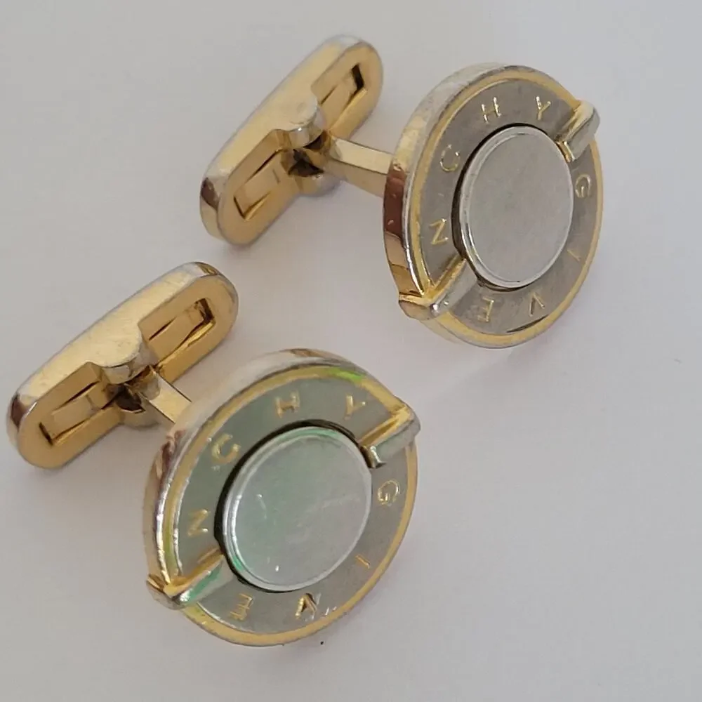 Givenchy Cufflinks Set Gold Silver Tone Logo Vintage Round Buttons Retro Whale